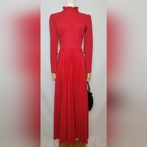 Vintage 1970s Red Pleated Maxi Dress, Size 9/10